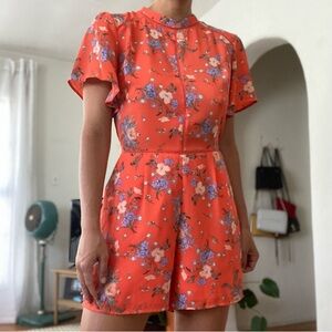 Oasis x ASOS Floral Romper Orange Print Size 8/Medium with Adjustable Waist Tie